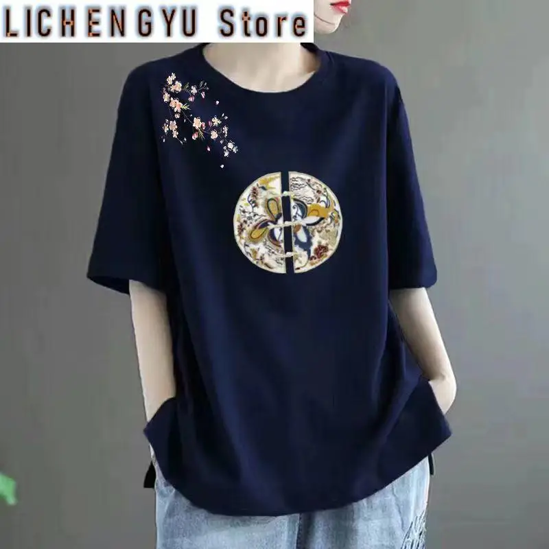 

Women's New Pure Cotton Chinese Style Short-sleeved T-shirt with Temperament and Trendy Slim and Versatile Loose Chinese Style