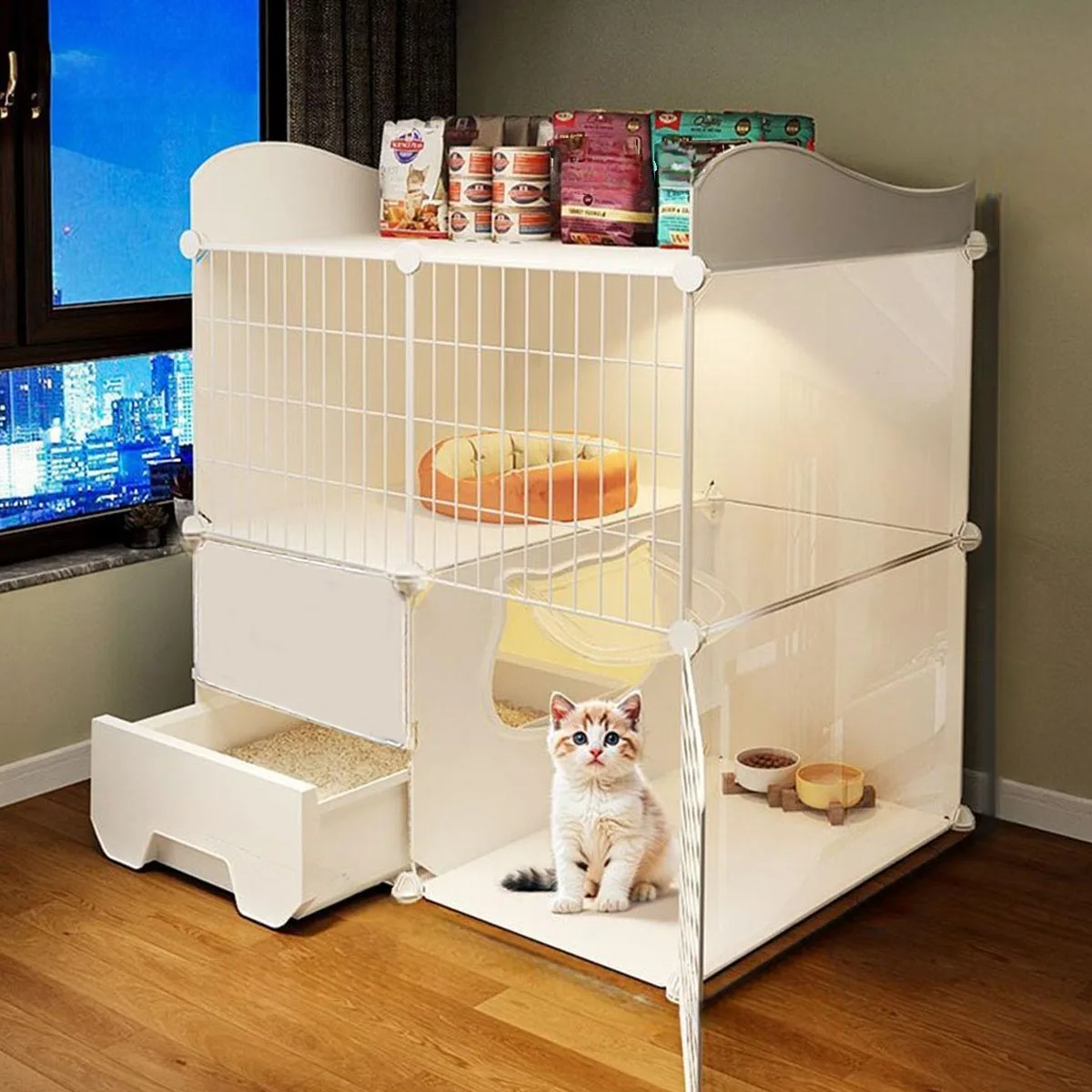 Small Space Cat Cage for Home Use, Indoor Small Apartment Cat Villa with One Bedroom, One Living Room, One Bathroom, Integrated Cat Bed and Cat Toilet