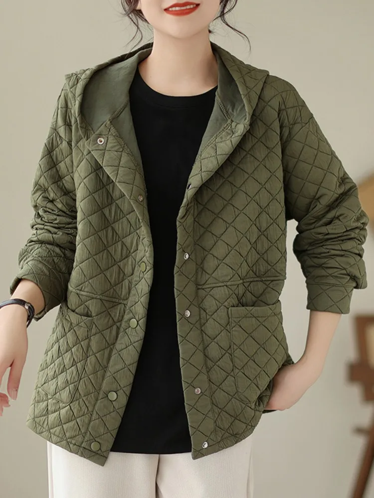 

Женское хлопковое пальто большого размера с капюшоном и ромбовидным узором, зимнее цветное простое свободное универсальное хлопковое пальто