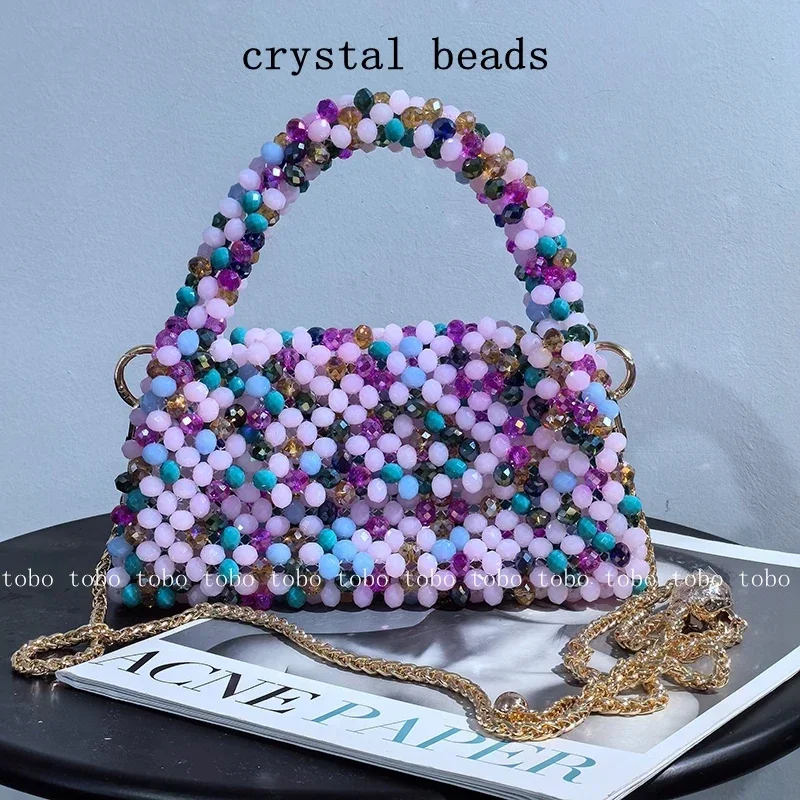 

Fashion Beaded Woven Customized Colorful Handmade Evening Bags for Women Designer Luxury Long Metal Chain Women's Handbag