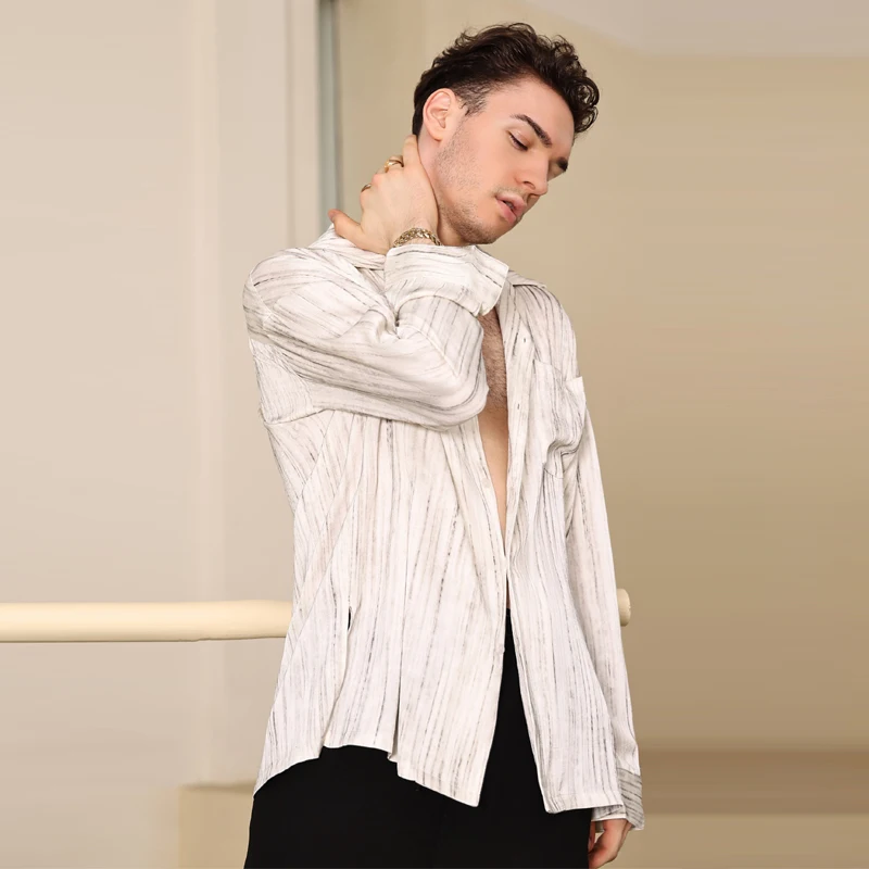 Haut de danse de salle de bal pour hommes, haut de danse moderne à manches longues, chemise de danse latine, costumes d'entraînement de danse Samba DW10830