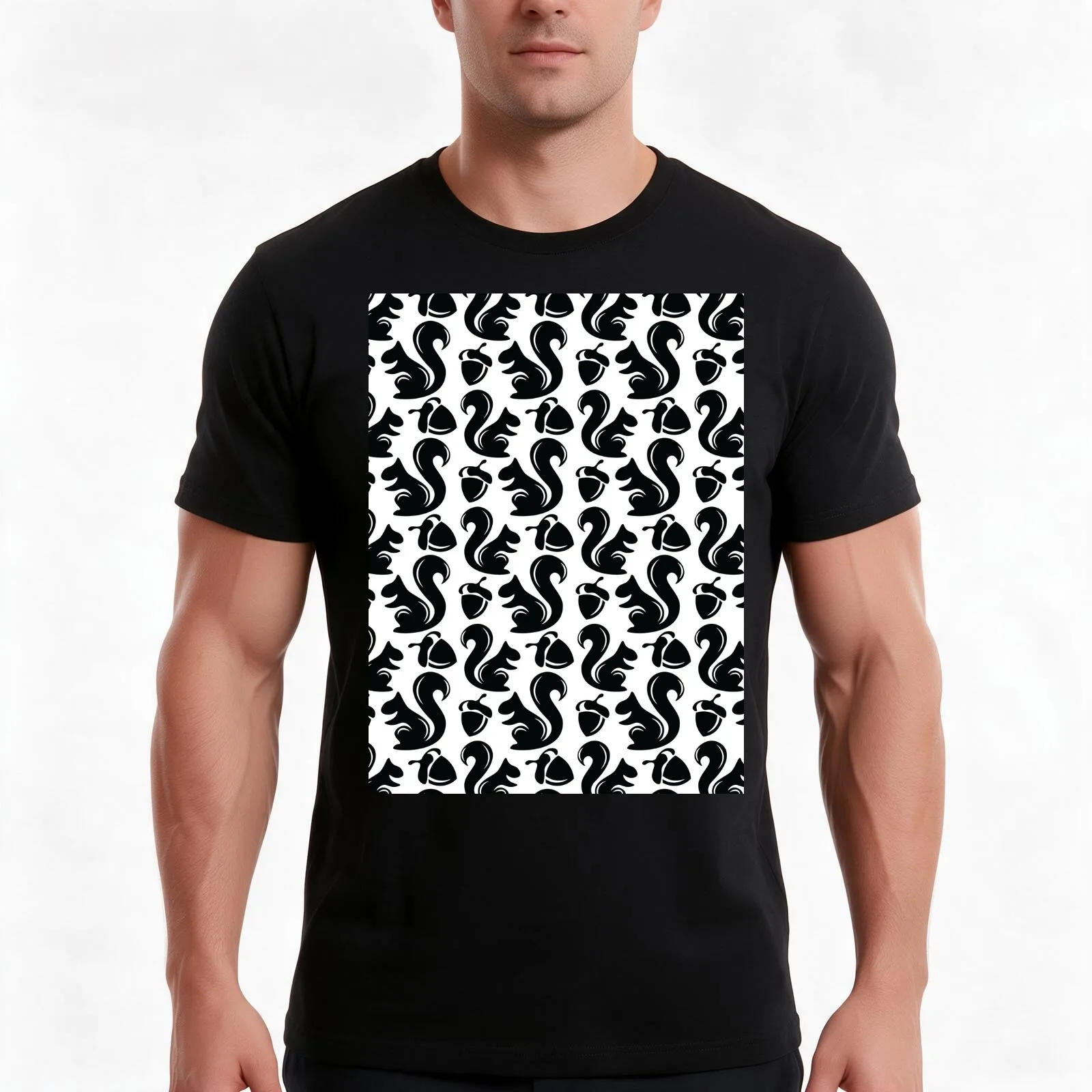Squirrel and Acorn pattern design Classic black and white T-Shirt Summer Casual Cotton Tee Oversized Streetwear Tops