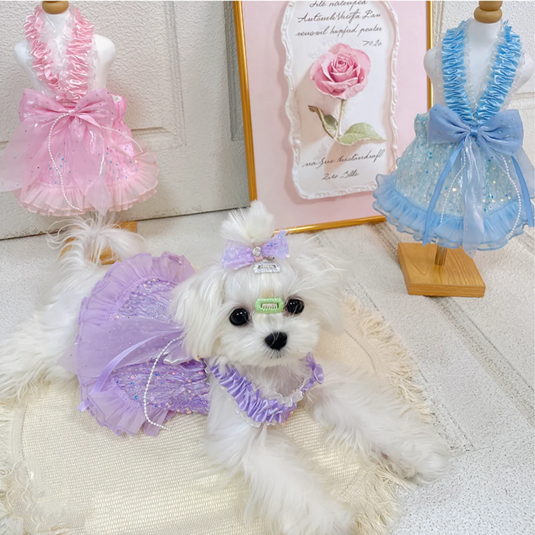 

Sparkly Sequin Dog Princess Dress With Bow Suit- Cute Pet Tutu Dress for Small Dogs Yorkie Maltese Chihuahua
