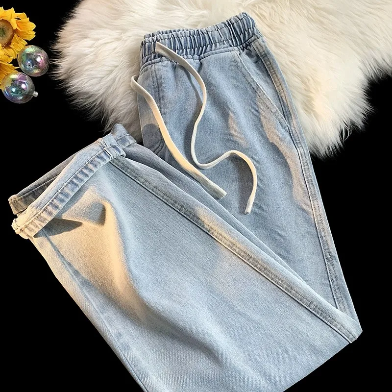 

Легкие джинсовые джинсы с высокой талией и эластичной резинкой на талии, женские свободные прямые джинсы для похудения, винтажные уличные джинсы, маленький размер, девять точек...