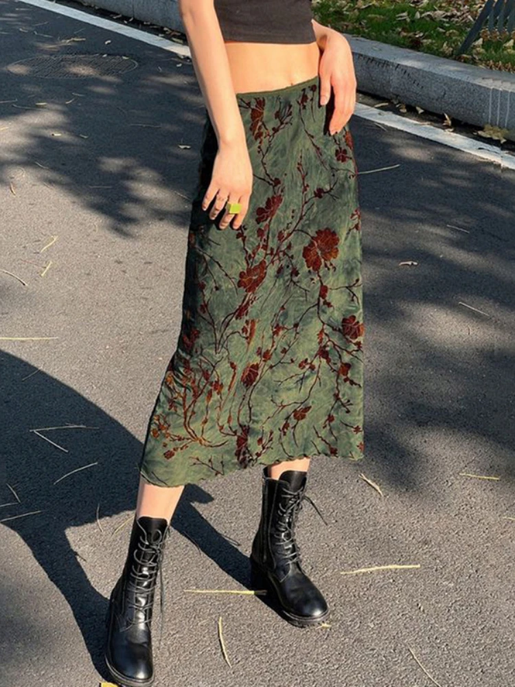 2022 Fashion Women A Line Long Skirts Floral Print Cute Y2K Clothes Aesthetic Grunge Low Waist Vintage Preppy Skirt