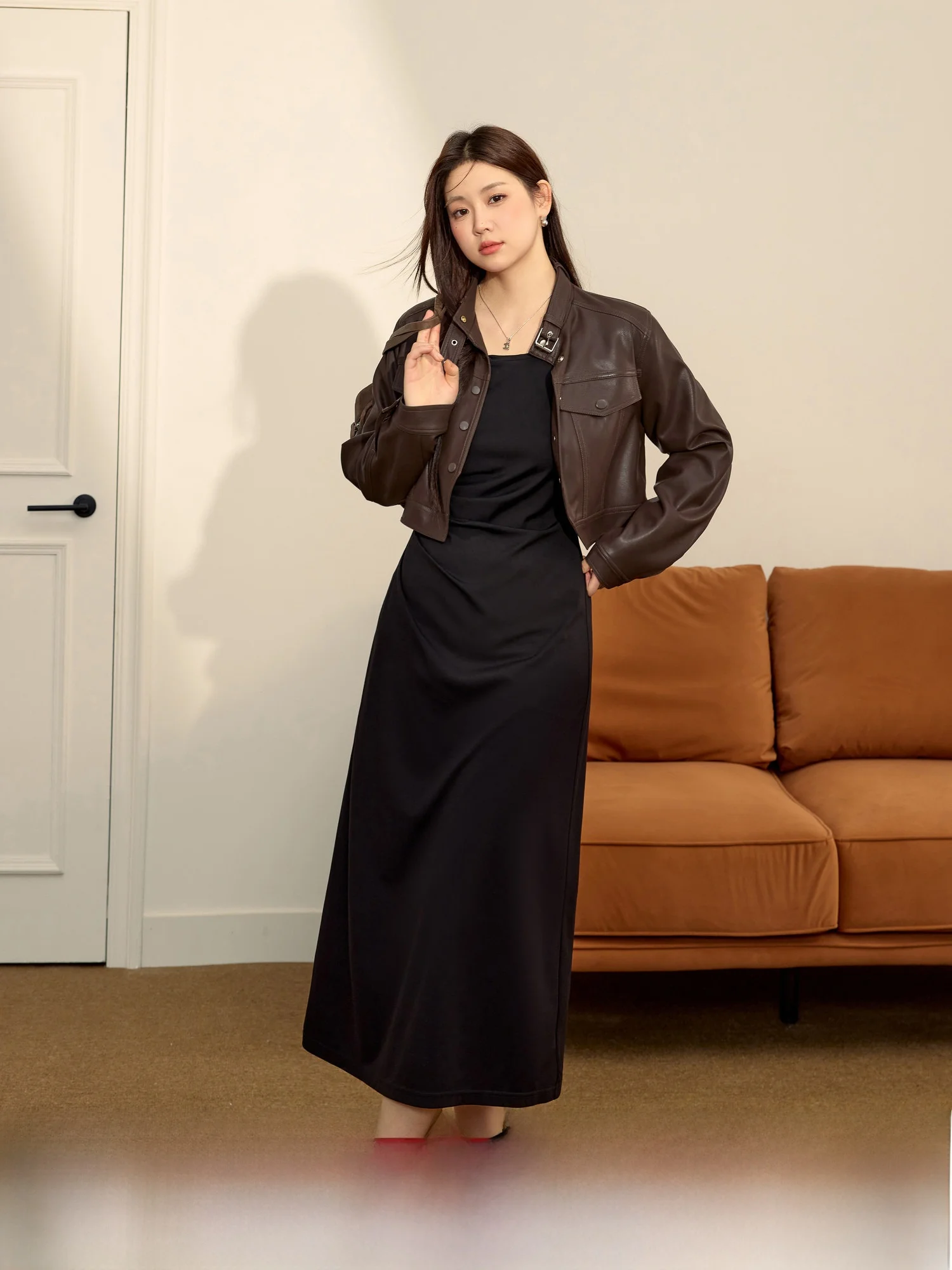 

Blue Language Large Size Leather Jacket Slimming Strap Dress Set Unique Beautiful Autumn Commute Style A-Line Skirt Long Sleeve