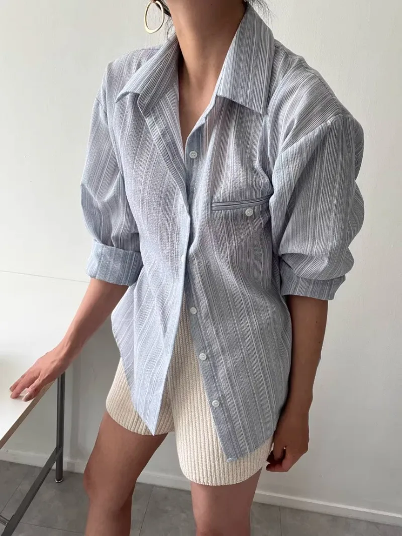 Korean Chic Stripe Shirts & Blouses Laple Neck Blusas Single Breasted Ropa Mujer Long Sleeve Woman 2024 Camisas Loose Blusa