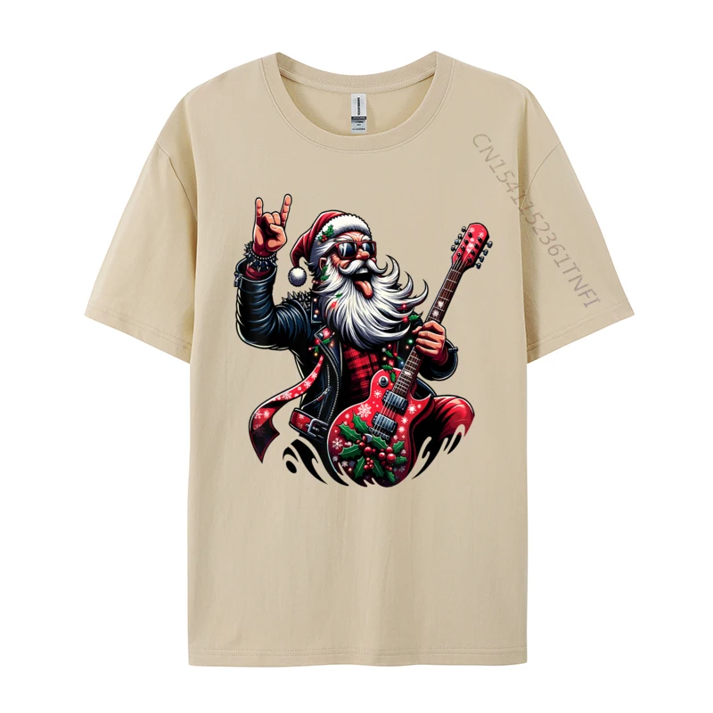 Rock Roll Christmas Santa Claus Guitar Player T-Shirts Autumn Soft Mens Tee Shirts Pure Cotton T Shirts