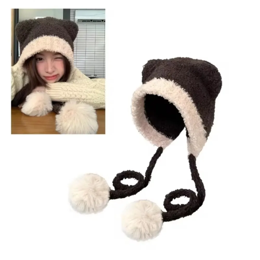 

Cute Crochet Beanies Bear Hat Wool Thickened Ear Protection Hat Bear Ear Ladies Cap Winter