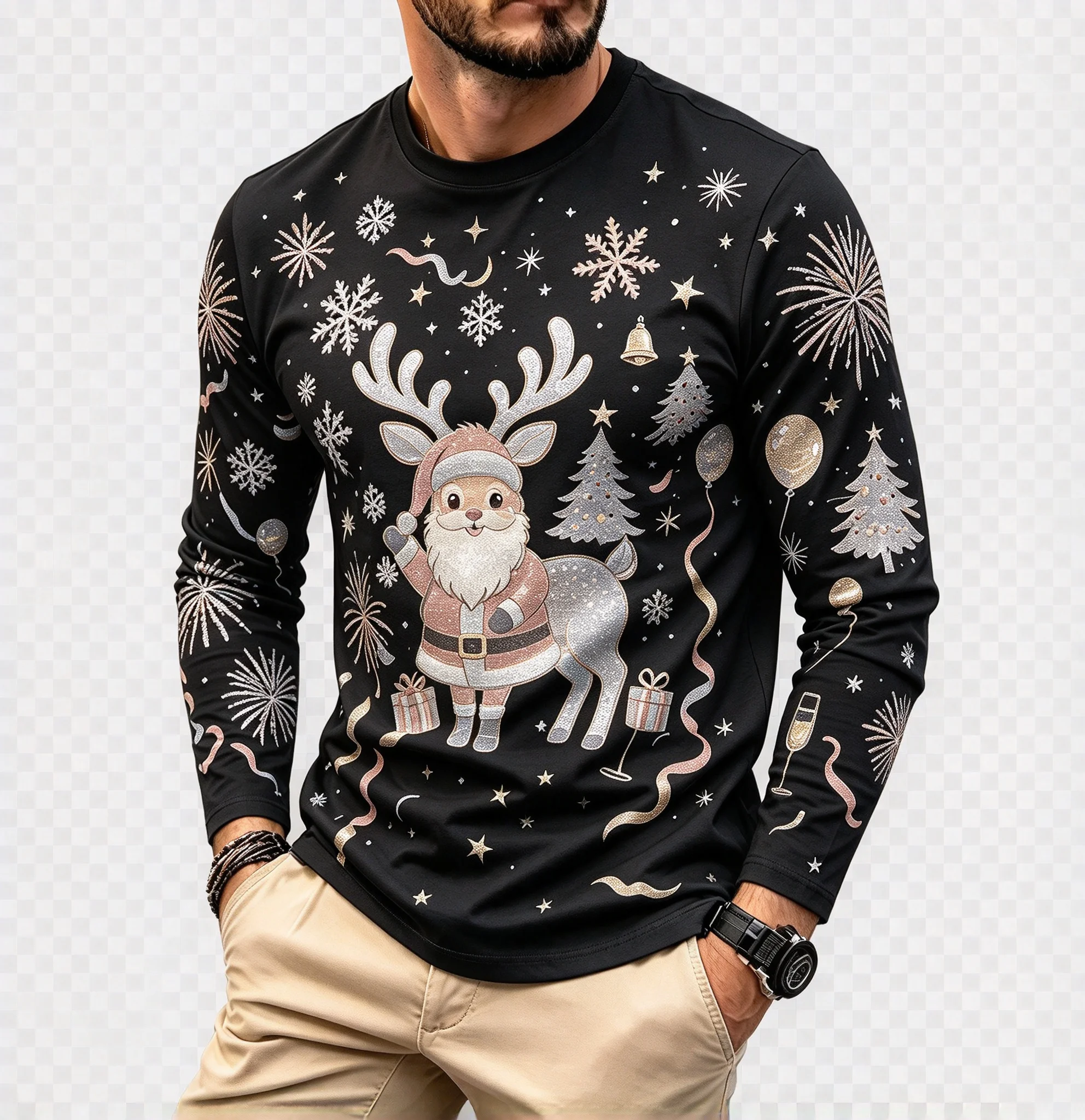 Christmas Santa Full Print Long Sleeve T-Shirt, Snowflake Tree Gift Firework Graphic Tee Casual Holiday Party Tops for Men Women