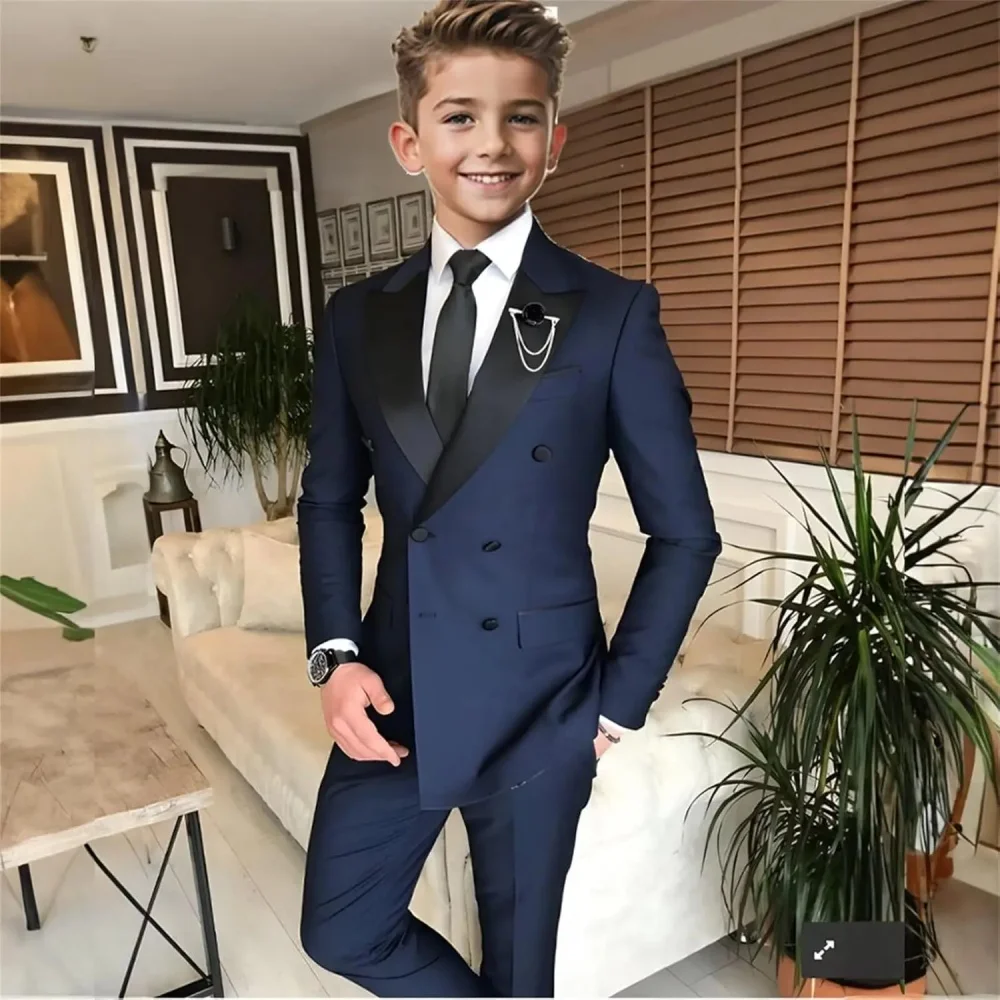 

2-16 Years Old Navy Blue Boys 2 Piece Suit Double Breasted Blazer Kids Wedding Tuxedo Jacket Pants Formal Child Clothes
