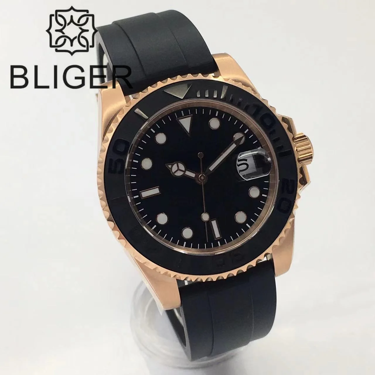 Imagem -02 - Bliger-relógio Automático Masculino Vidro de Safira Pulseira de Borracha Curva Relógio às Três Horas Mostrador Preto Luminoso Nh35a 8215 Pt5000 40 mm