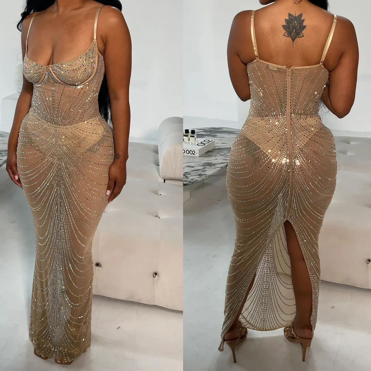 파티 스팽글 드레스 여성 우아한 칵테일 슬링 2025 브이 넥 블랙 드레스 슬릿 이브닝 드레스 파티 드레스 메쉬 일반 베스 티드