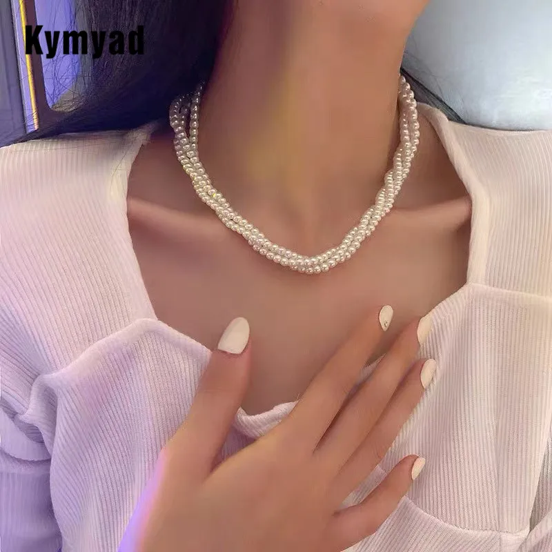 Kymyad Simulated Pearl Jewelry Necklace Double Layer Choker Necklaces Jewelry Korean Fashion Handmade Beaded Necklaces