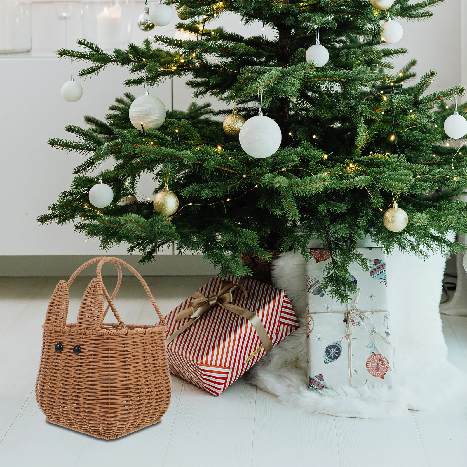 

Imitation Rattan Easter Bunny Basket with Handle Stylish Sundries Container for Holiday Party Kids Gift Organization