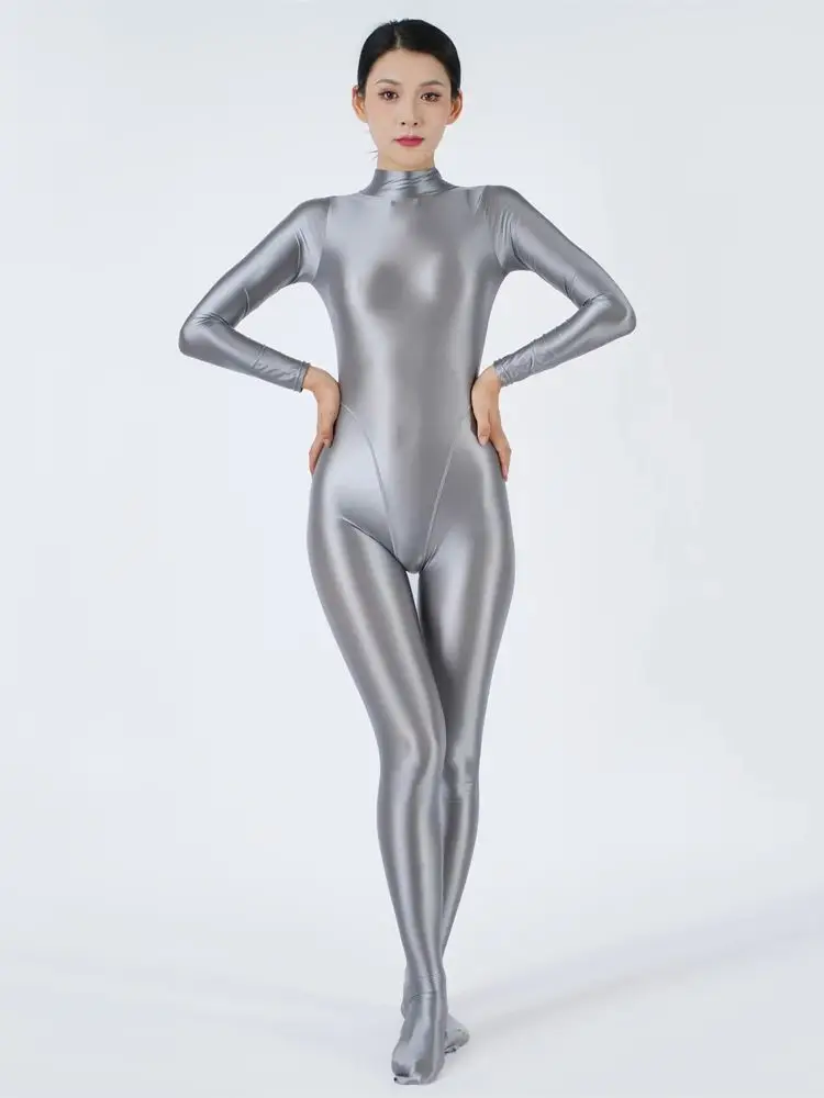 Glossy Shiny High Cut Patchwork Catsuit Bodystocking Long Sleeve Bodysuit Swimsuit Tight Sexy Leotard Conjoined Jumpsuit Unitard