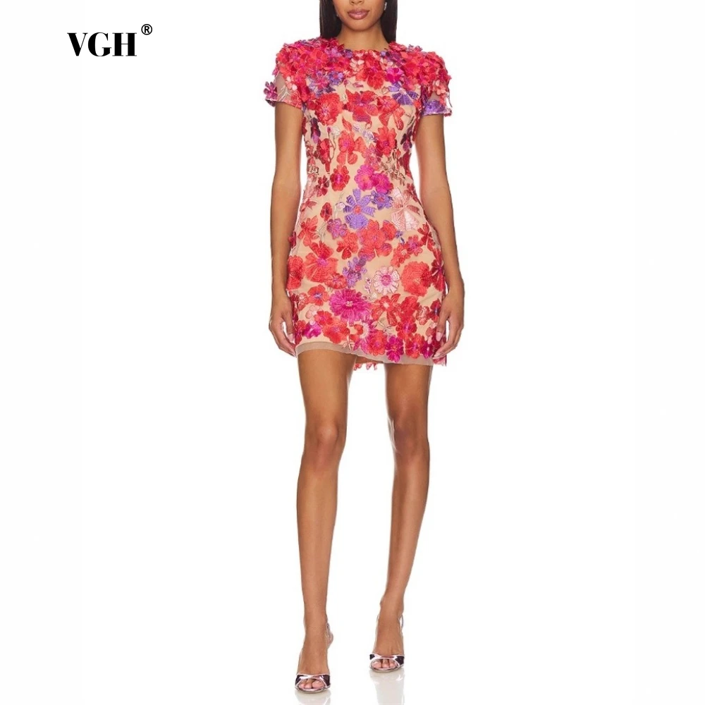 

VGH Colorblock Patchwork Flower Embroidery Dresses for Women O Neck Short Sleeve High Waist Bodycon Applique Style Dress Female