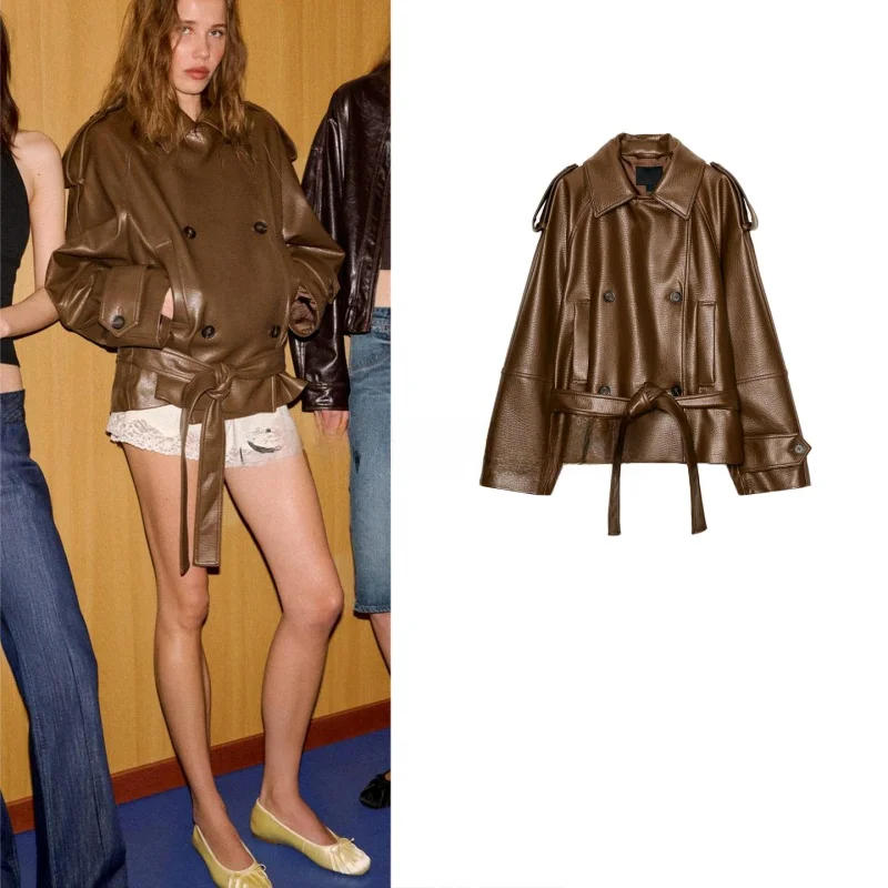 

Spring New Women's Short PU Leather Coat Long Sleeve Turn-down Collar with Knot Belt Fashionable Ladies' Windbreaker