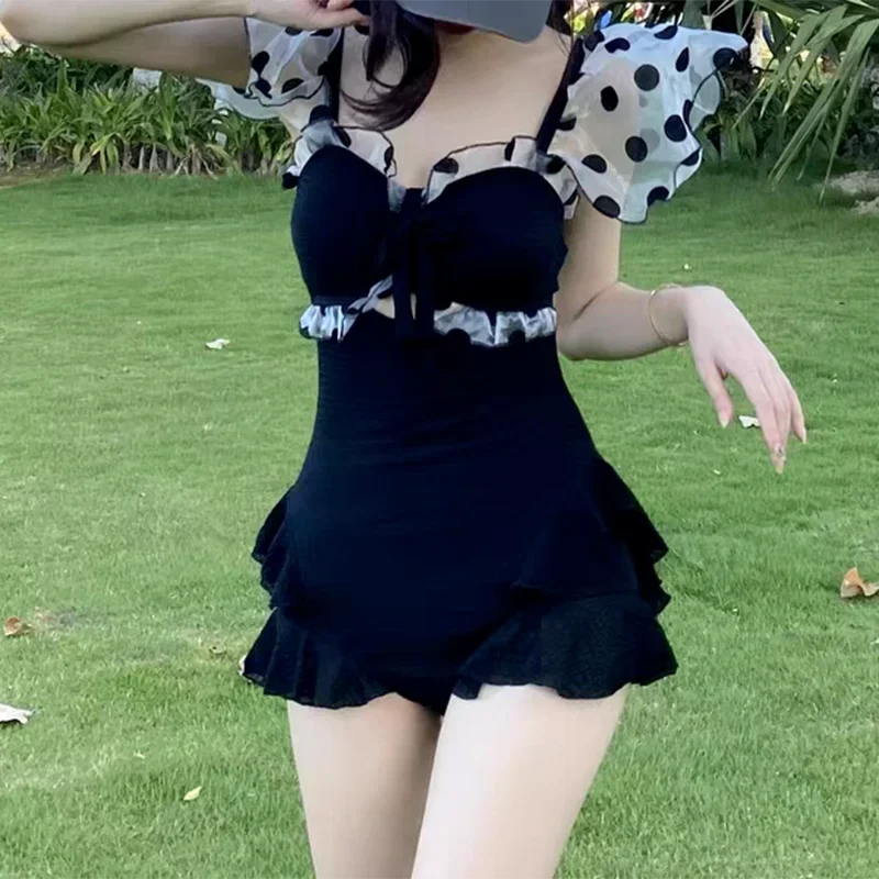 Vintage Polka Dot Swimwear Women Chic Spliced Mesh Ruffles Skinny One Piece Swimsuit 2025 New Fashion Elegant Lady Bathing Suit