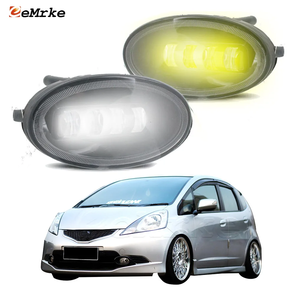 LED Fog Lights with Cut-Line Lens White + Yellow Color Head Lamp DRL PTF for Honda Fit 1.5 RS Japan GE Jazz VTi-S 2007 2008 2009