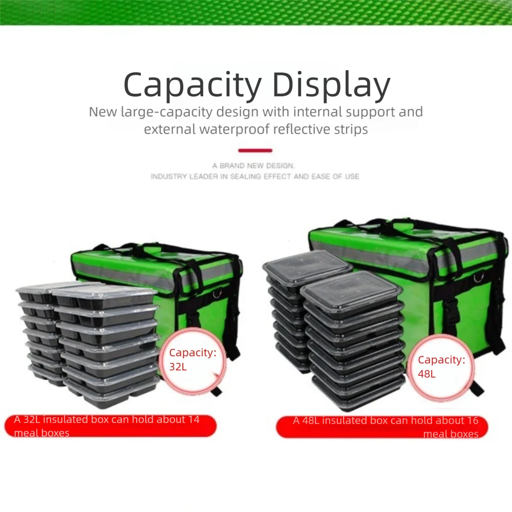 32/48L Hot Sale Waterproof Motorcycle Meal Delivery Bag Bracket Base Plate Takeaway Box Thickening Green Insulated Bag Car