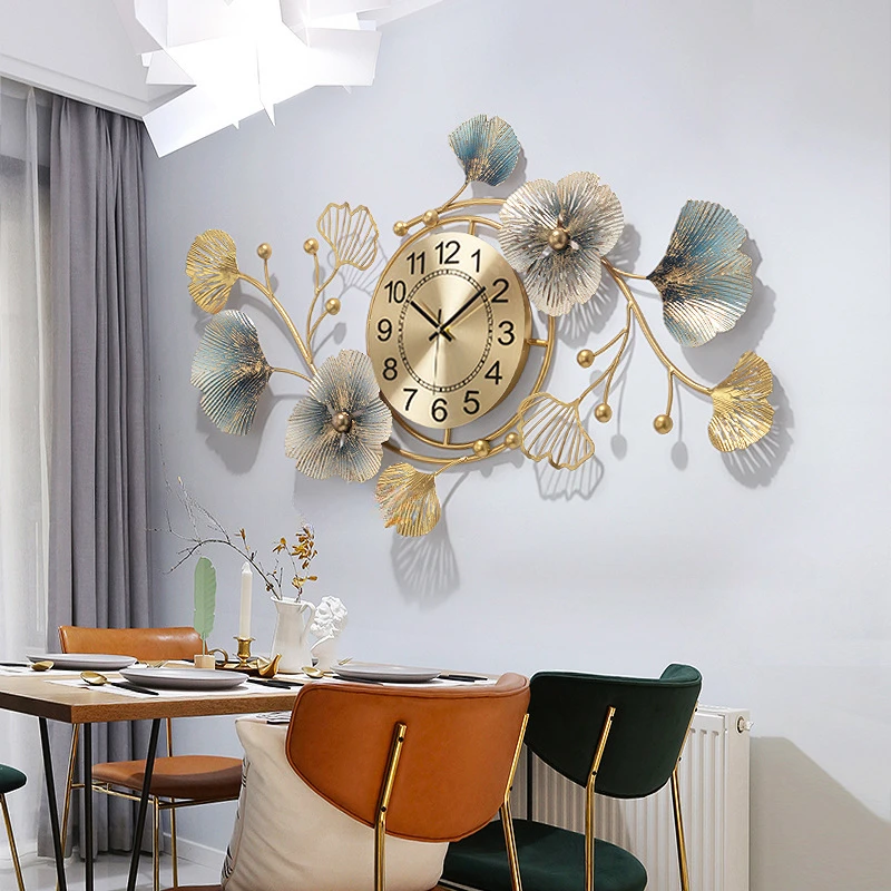 

European Creative Clocks Living Room Light Luxury iron Wall Clocks Home Decoration Ginkgo Leaf Art Atmospheric Wall Watches