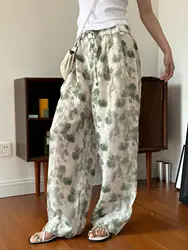 Summer women's casual printed high waisted loose wide leg pants