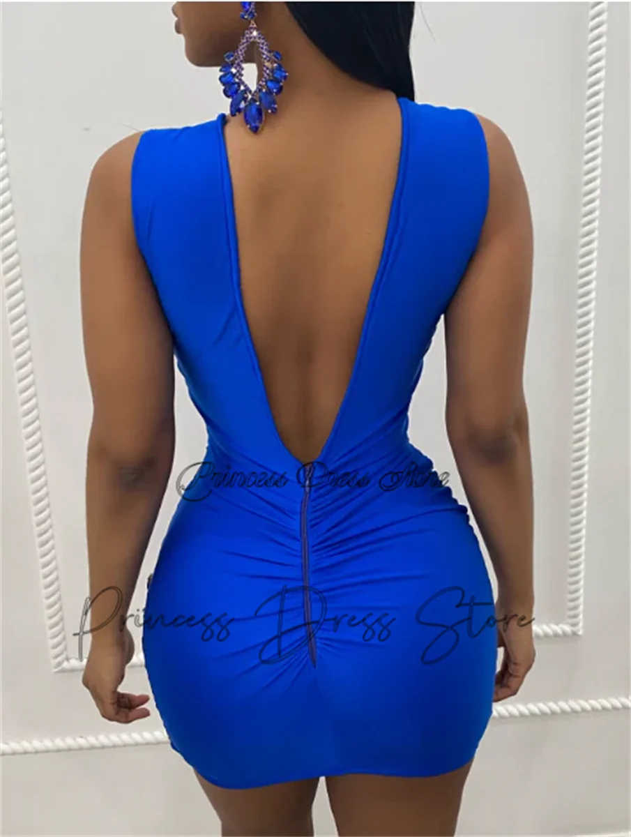 Sexy Blue Sparkly Diamonds Short Prom Dress 2025 Luxury Crystals Rhinestone Beads Birthday Party Coctail Gowns Robe De Bal