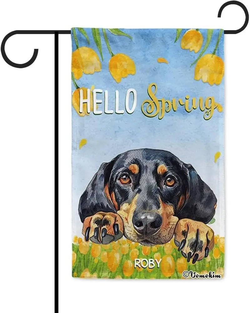 Hello Spring Yellow Tulip Garden Flag Black and Tan Coonhound Dog Spring Flower Yard Porch Decor Flag for Outdoor Farmhouse  GGO