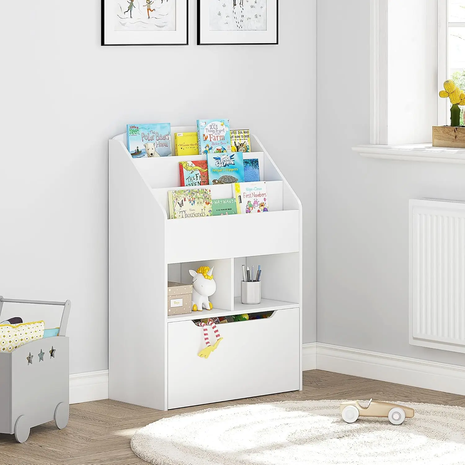 Kids Bookshelf with Movable Toy Box, Montessori Book Display and Storage for Toddler Room, White