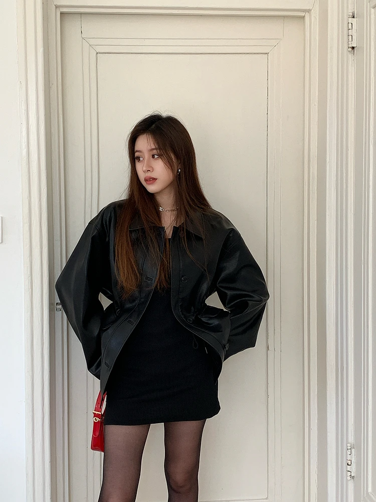 DANCC Dstring Vita High-Design Sense Leather Jaet Moto da donna Neutro Sle Cool PU Leather Jaet