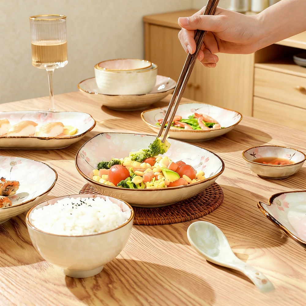 Tazón de Cerámica Estilo Japonés Vintage con Diseño de Sakura, Plato para Ensalada, Plato para Postre, Tazón para Dulces, Tazón para Frutas