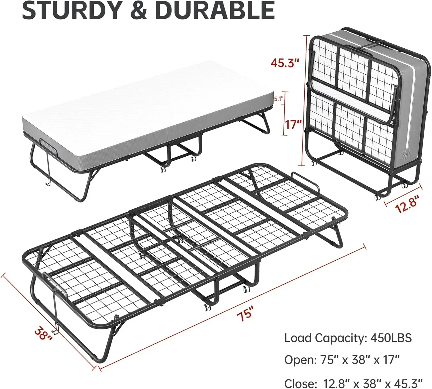 Cama dobrável com colchão, cama dobrada de tamanho duplo, cama de solteiro dobrável para adultos, 5" de espessura, 75" x 38" portátil dobrável