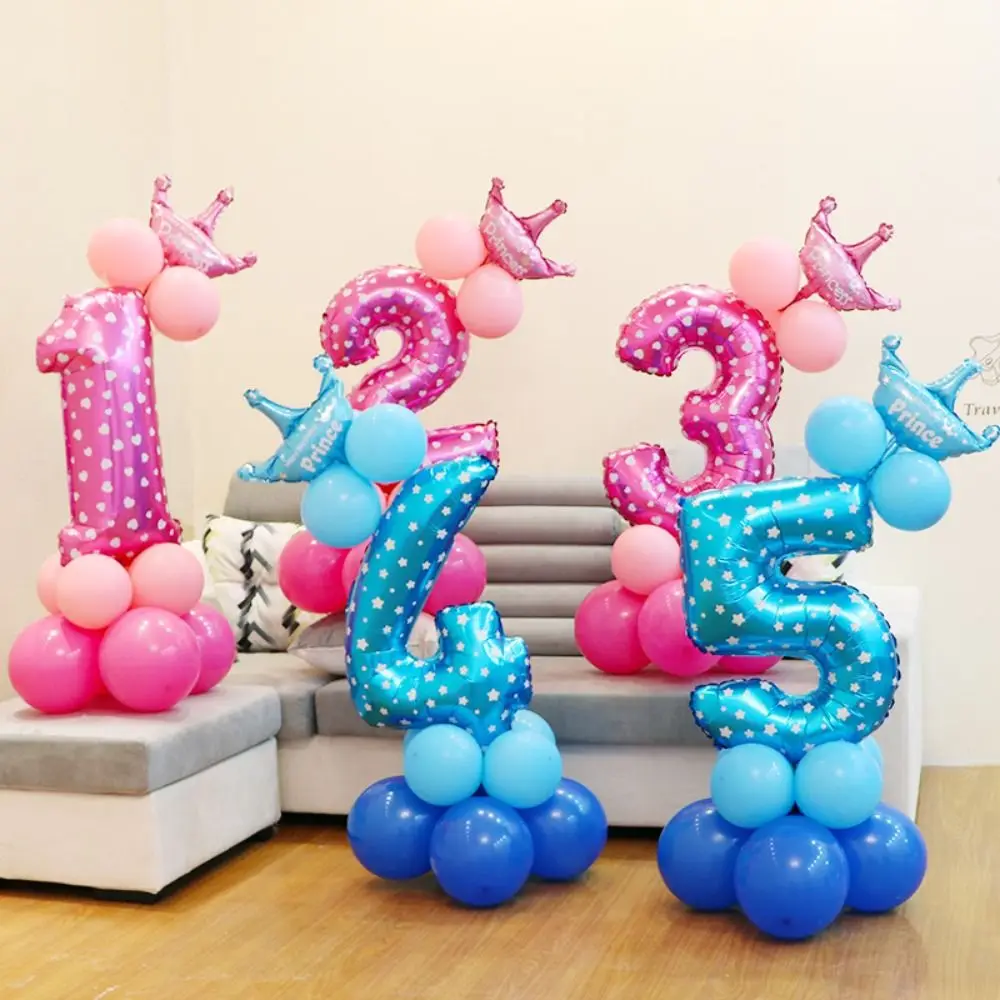 32in Birthday Party Number Balloon Blue Pink Number Cartoon 0-9 Foil Balloon Star Print Aluminum Film Zoo Theme Decoration