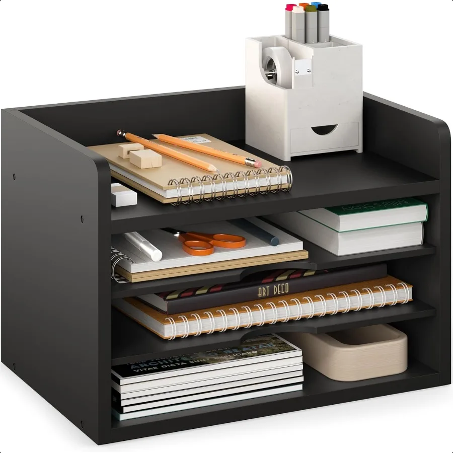 

Balli File Organizer 4Tier Office Desk Organizer Open Top Wood Paper Organizer for Classroom Desktop Mail Sorter Paper Tray Bla