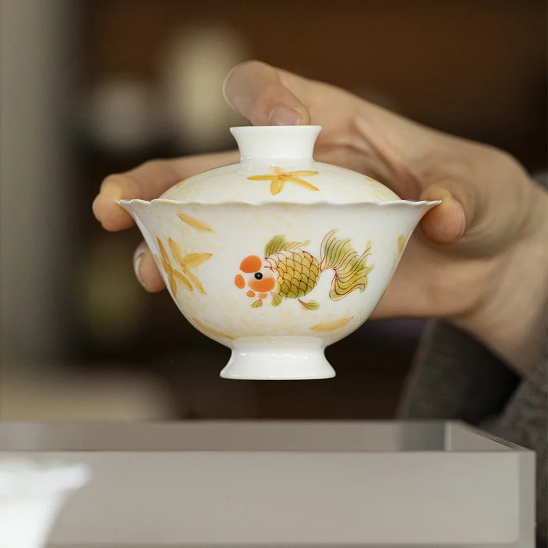 Jade Clay White Porcelain Hand-painted Fat Head Fish Flower Mouth Cover Bowl Kung Fu Tea Set Household Scholar's Ware Imitation