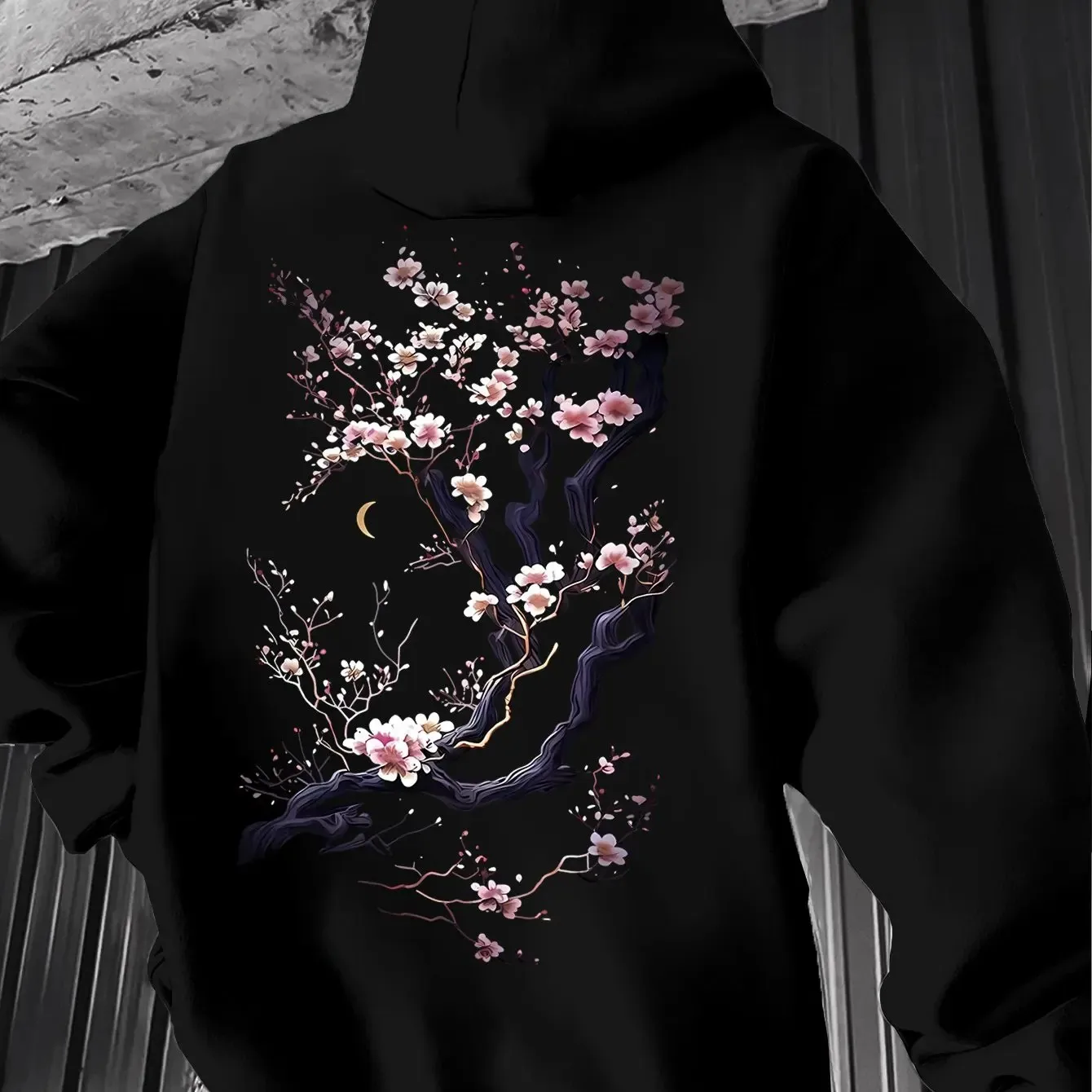 2026 Men'S Hoodie Designed with Retro Ink Wash Style Cherry Blossom Branches Reflecting Eastern Aesthetics Made from Knit Fabric