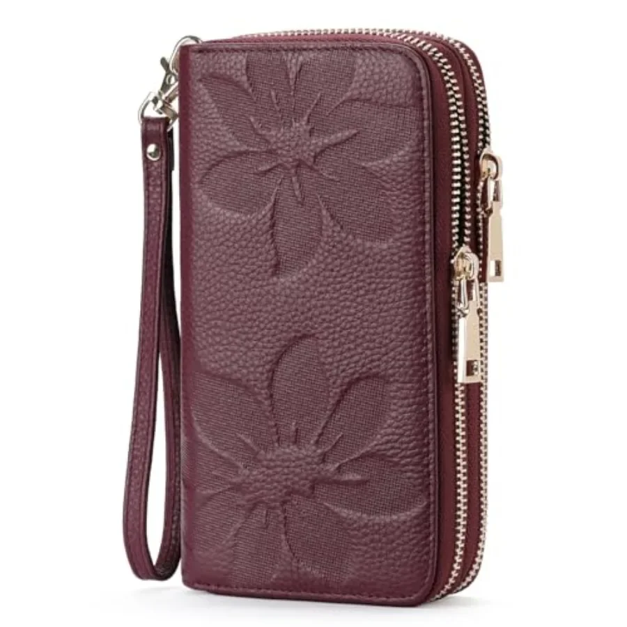 

Women's Wallet Large Capacity Double Zip Ladies Card Phone Holder RFID Blocking Wristlet Leather