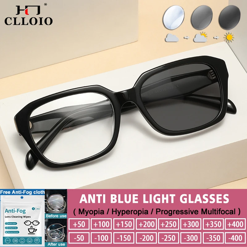 

CLLOIO Simple Acetate Polygon Anti-blue Light Reading Glasses Women Myopia Photochromic Prescription UV Protection Eyeglasses