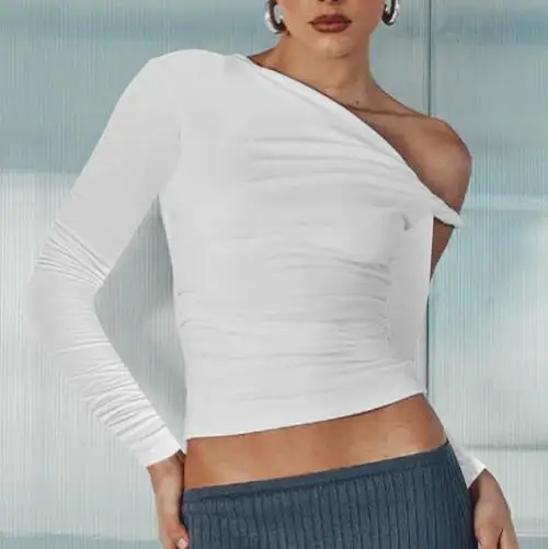 女性の秋の新ソリッドカラーシングルショルダー斜め襟折り非対称セクシーな長袖トップ女性のための
