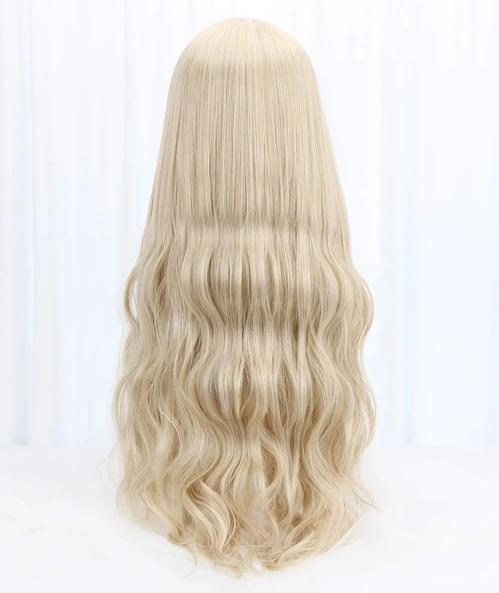 วิกผมสังเคราะห์สีบลอนด์ยาวมีหน้าม้า - วิกผมคอสเพลย์ลอนยาวธรรมชาติสำหรับผู้หญิง