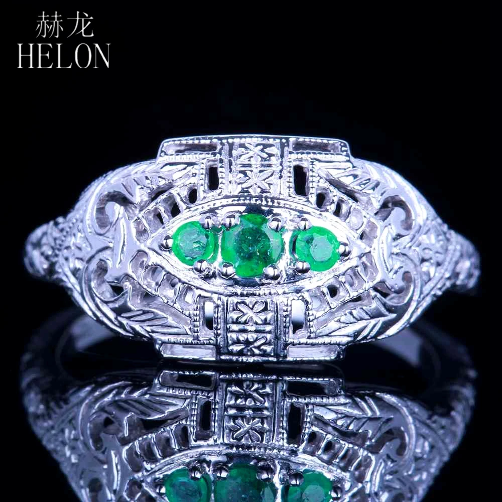 

HELON Solid 14k 10k White Gold 0.2ct Treated Emerald Vintage Fine Jewelry Gemstone Engagement Ring Women Best Gift