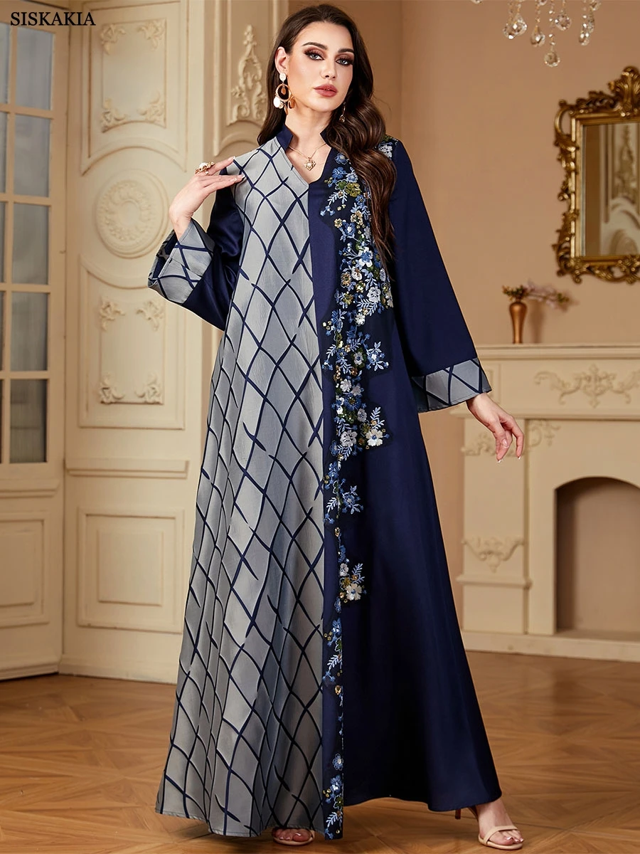 Siskakia Ramadan-Dubai Cekiny Panel Haft Długie Sukienki Dla Muzułmanek Patchwork Rękaw Kebaya V-Neck Abayas