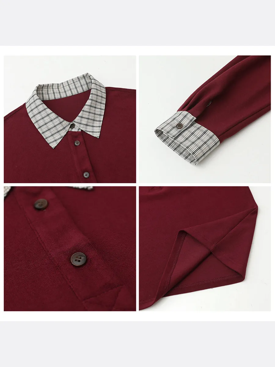 Women's Color Block Plaid Long Sleeve Tee, Red