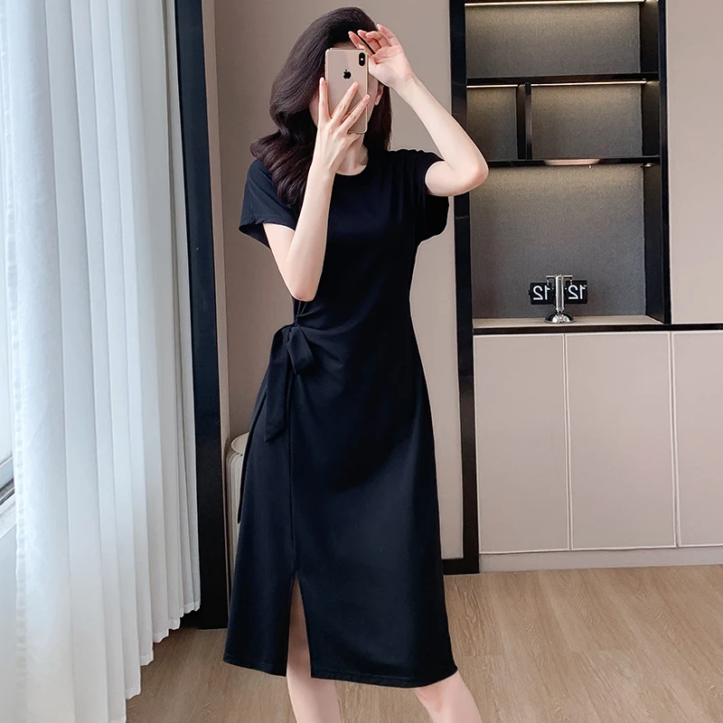 YZJNH 2024 Long Dress Women's Korean Edition Slim Fit Round Neck Short  Sleeve Rugged Waistband Lace up Black Large T-shirt Dress - AliExpress  200000345