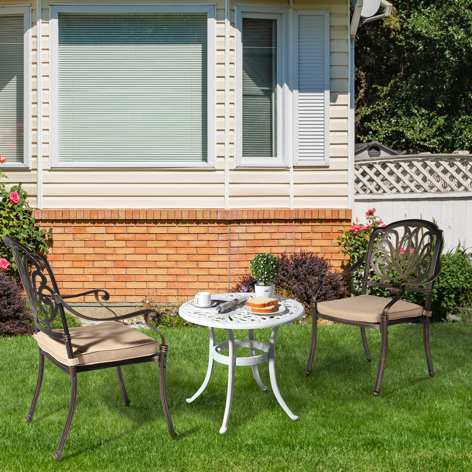 Phoenix Cast Aluminum Round Table, Patio End Table Side Table, Cast Aluminum Cocktail Table, Outdoor Bar Table, White