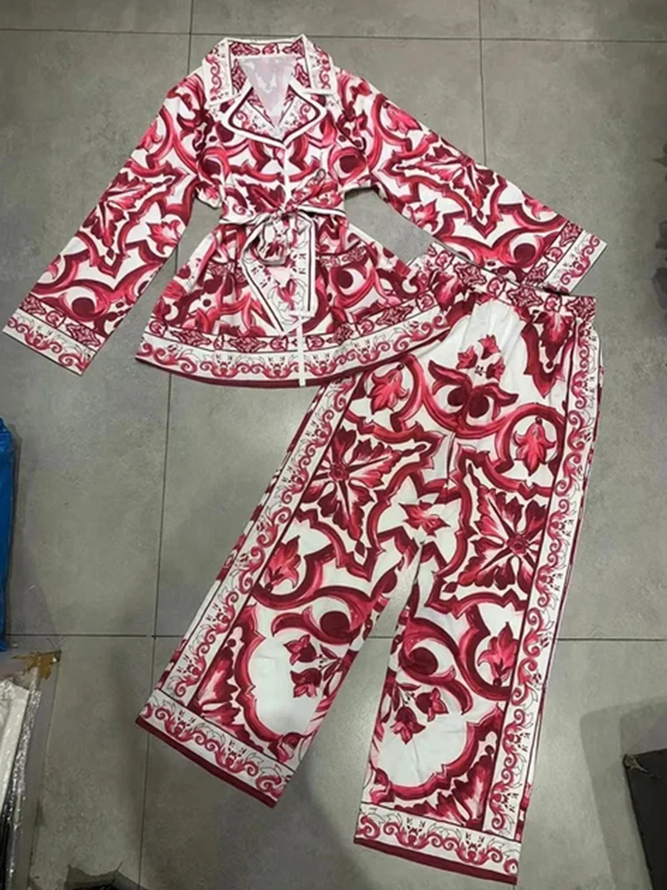 Pyjamastijl retro geometrische print stropdas taille-cincerend los overhemd tweedelige set 2025, herfst dameskleding + wijde pijpen broekset