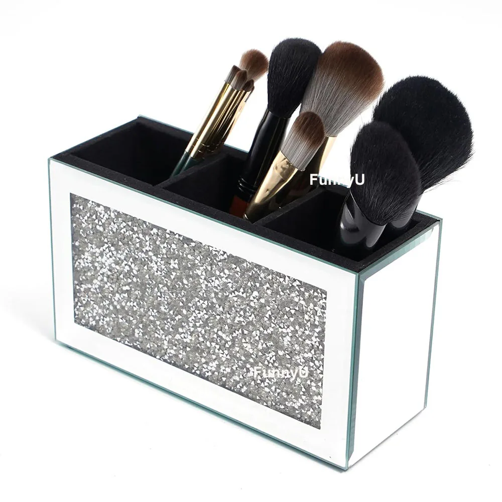 Makeup Brush Holder Organiser Crushed Diamond Mirror Jewelry Beauty box Container Silver Bling Decoration Organizer Storage Box