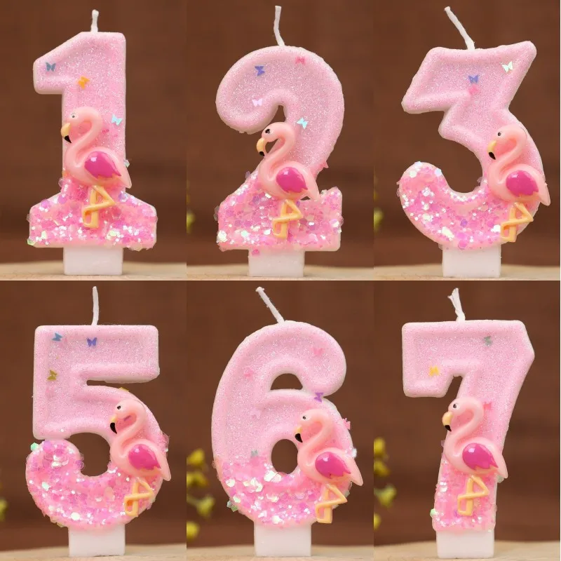 Hot Flamingo Candles Happy Birthday 0-9 Number Glitter Cake Candle for Kids Girls Anniversary Party Cake Topper Decor Supplies