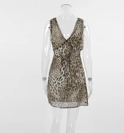 

Elegant Dress for Women 2025 Summer Fashion New Short Skirt Sexy Sleeveless Deep V-Neck Chiffon Leopard Print A-List Dress